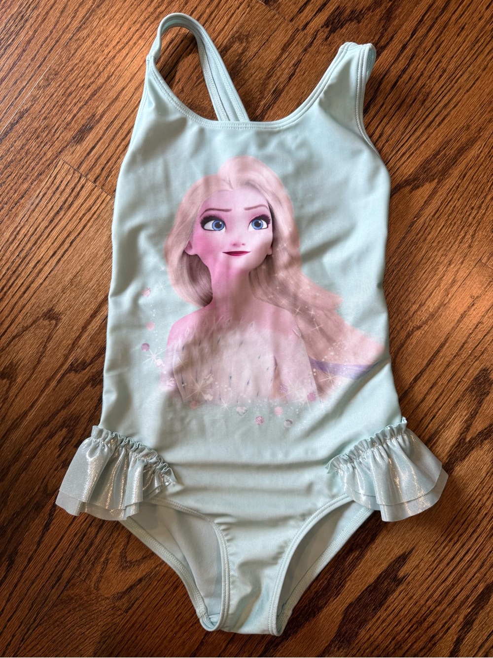 H&M Girls Light Aqua Frozen 2 Elsa Graphic One-Piece Swimsuit with Ruffles
